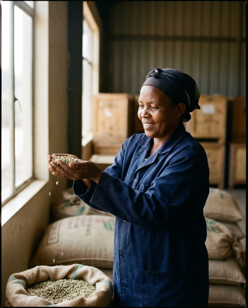 Quality-control inspector examining graded coffee beans
